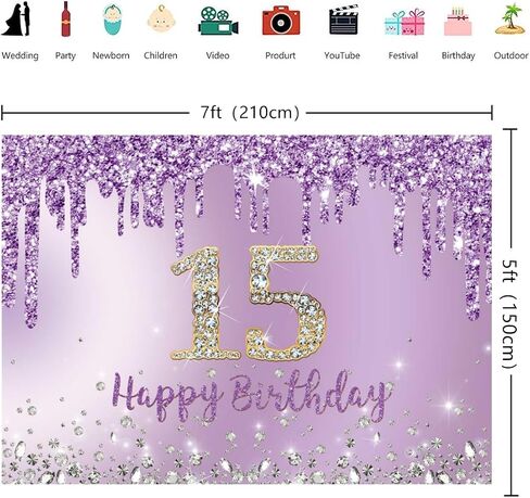 INRUI Purple Happy 15th Birthday Photography Background Girls Sweet Fifteen Years Old Birthday Party Decorations Backdrop 7x5FT in Kuwait