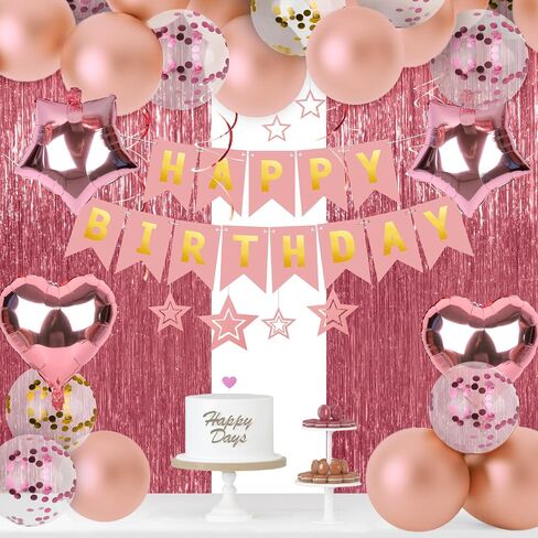 LovesTown Birthday Party Decorations, Happy Birthday Banner Rose Gold Confetti Balloons Hanging Swirls Fringe Curtain for Girls Women Birthday Party in Saudi Arabia