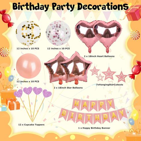 LovesTown Birthday Party Decorations, Happy Birthday Banner Rose Gold Confetti Balloons Hanging Swirls Fringe Curtain for Girls Women Birthday Party in Saudi Arabia
