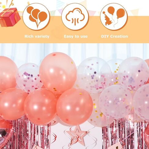 LovesTown Birthday Party Decorations, Happy Birthday Banner Rose Gold Confetti Balloons Hanging Swirls Fringe Curtain for Girls Women Birthday Party in Saudi Arabia