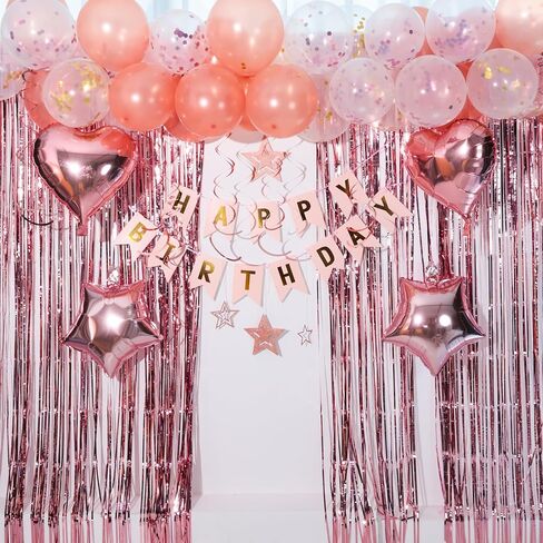 LovesTown Birthday Party Decorations, Happy Birthday Banner Rose Gold Confetti Balloons Hanging Swirls Fringe Curtain for Girls Women Birthday Party in Saudi Arabia