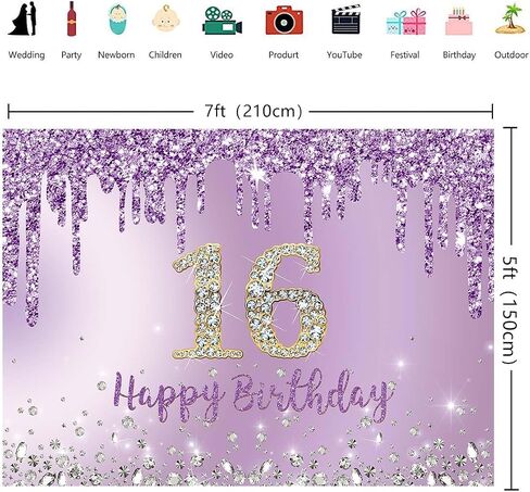 INRUI Purple Happy 15th Birthday Photography Background Girls Sweet Fifteen Years Old Birthday Party Decorations Backdrop 7x5FT in Kuwait