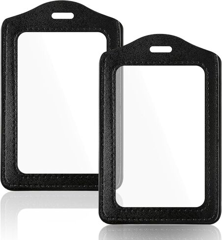 2 Pack Clear Genuine Leather ID Badge Holder with Double Sided Clear Window Protector Black Brown Vertical ID Card Holders for Badges Waterproof Name Tag Holders for Coach Office Employees Students in Saudi Arabia