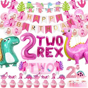 BEOXAGAR Pink Dinosaur Decorations For Girls 2nd Birthday,Pink Two Rex Birthday Supplies Girl,Dinosaur 2nd Birthday Party Supplies Girl,Dinosaur Cake Toppers 2nd Birthday.