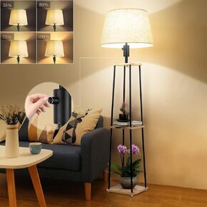 Lightdot 60IN Dimmable (Brightness Adjustable) Floor Lamp with Shelves, 3-Tier Corner Display Standing Lamp with E26 Bulbs, End Table Lamp with Linen lampshade for Living Room, Bedroom, Office-Black