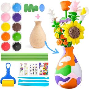 SMILESSKIDDO Flower Craft Kit for Kids, 10 PCS Air Dry Clay with Vase to DIY Flower Bouquet, Arrange Clay Flowers & Create Personalized Art, Great Arts and Crafts Gift for Girls 8+ Years Old