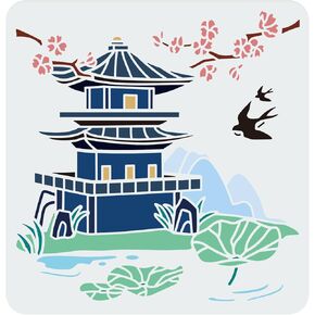 FINGERINSPIRE Oriental Pagoda Stencil 11.8x11.8inch Ancient Tower Stencil Cutout Drawing Templates Architecture Cherry Blossoms Swallow Lotus Leaf Hills Branch Painting Stencil for Home Decoration