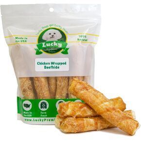 Lucky Premium Treats Chicken Wrapped Dog Treats – USA Made Raw Hide Sticks for Medium Dogs – Long Lasting, Preservative Free Dog Treats – 10 Chews