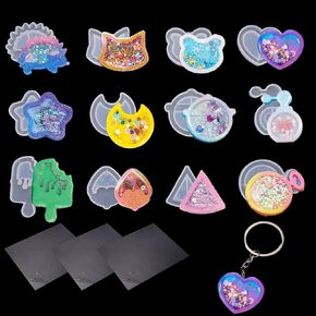 FineInno 9Pcs Resin Shaker Molds,Kawaii Quicksand Epoxy Casting Mold,Cat Animal Silicone Mold with 3 Sheets Film DIY Pendant Jewelry Decoration Craft