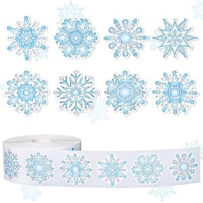 1000Pcs Christmas Blue Snowflake Stickers Roll Self-Adhesive Xmas Winter Label Stickers Decal for Holiday Party Favor Decor, 8 Designs