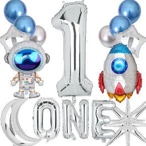 Space Themed Party Decorations Space Balloon Rocket Astronauts Moon Balloons 40 Inch Number Balloon 1 Silver Boys Kids Outer Space UFO Theme First 1st Birthday Party Decor 14 Pcs Kit