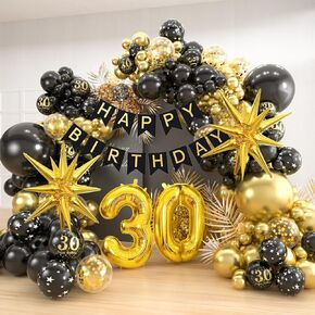 30th Birthday Decorations for Him, 152pcs Black and Gold Balloons Garland Arch with 30th Happy Birthday Banner & 30 Number Balloons & Starburst Balloons, 30th Birthday Decorations for Men