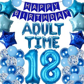 52 Pieces 18th Birthday Party Decorations Adult Time 18 Years Old Happy Birthday Banner Number 18 Balloons Blue Latex Balloons Birthday Party Favor for Boys Men 18th Birthday (Blue)