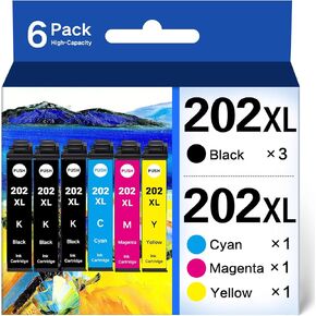 202XL Ink Cartridges High Yield Remanufactured for 202 Ink Cartridges Multipack 202 XL T202XL for Workforce WF-2860 Expression XP-5100 Printer (3 Black,1 Cyan,1 Magenta,1 Yellow 6 Pack)