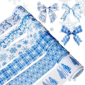 6 Rolls Blue Christmas Ribbon Wired Christmas Snowman Wired Edge Ribbon 30 Yards Christmas Wired Ribbon for Wreaths Gift Wrapping Home Decor