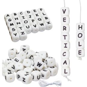 52PCS Silicone Letter Beads Vertical Hole 12mm A-Z Even Smooth Accurate Square Letters Beads for Pens Lanyards Alphabet Silicone Beads for Keychains Making White Focal Beads for Pens