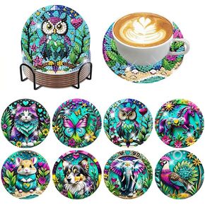 8 PCS Animals Diamond Painting Coasters Animals Diamond Art Coasters with Holder DIY Animals Coasters for Beginners Adults 5D Crafts Supplies 4X4inch(Cork Wooden Pad)