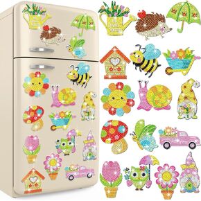 Umigy 16 Pcs Spring Diamond Art Kits for Refrigerator Diamond Painting Kits Spring Bee Butterfly Gnome Flower Art for Adults DIY Crafts