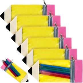 Kisston 6 Pcs Teacher Christmas Appreciation Gifts Kawaii Pencil Shaped Pencil Case One Side Transparent Pencil Pouch with Zipper Portable Pencil Bag Large Capacity Pen Case for School Supplies