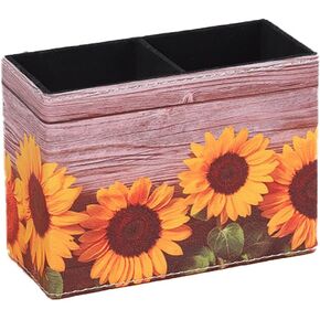 Sunflower Pen Holder Pencil Holder for Desk,2 Compartments PU Leather Desktop Pen Cup Storage Makeup Brush Holder for Office, School, Home, and Woman (Sunflower)