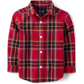 The Children's Place Baby Boy's and Toddler Poplin Long Sleeve Button Down Shirt, Red Tartan Print, 2T