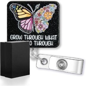 Grow Through What You Go Through Funny Glitter Butterfly Badge Reel, Retractable Badge Holder for Psychotherapist, Mental Health Gift for Psychology Therapist OT, Psychologist Graduation Gift