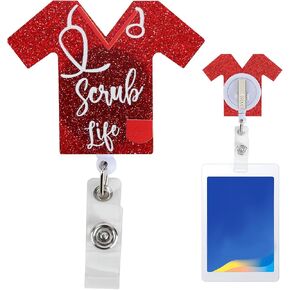 Nurse Badge Reel, Scrub Life ID Badge Reels Retractable with Swivel Alligator Clip, Funny Glitter Design, Badge Reel for RN LPN CNA Nurse Doctor Assistant Medical Staff(Red)