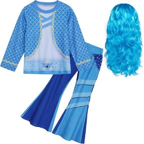 WonderBabe Red Descendants Costume Kids Halloween Party Outfits Girls Chloe Cosplay Cartoon Top and Flare Pants with Wig