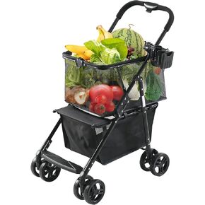 Folding Shopping Cart with Wheels, Multi Use Grocery Carts with 360° Wheels & Removable Tote Bag, Multifunctional Portable Personal Shopping Carts for Groceries (Max 80lbs)