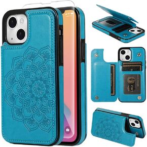 Compatible with iPhone 13 Wallet Case 6.1inch Tempered Glass Screen Protector Card Holder Slots Kickstand Cover Flip Leather Phone Cases for iPhone13 i 5G i-Phone i13 iPhone13case 13s Purple