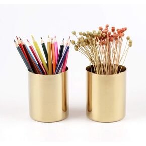 2Pcs Gold Pen Holder, Gold Pencil Pen Organizer Cup Stainless Steel Pen Holder Metal Makeup Brush Holder Makeup Brush Holder for Home