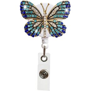Crystal Blue Butterfly Rhinestones Retractable Badge Reel, Bling Diamond Nurse Badge Holder Reels with Swivel Alligator Clip Badge Holders for Teachers Students Volunteers Employees Supplies