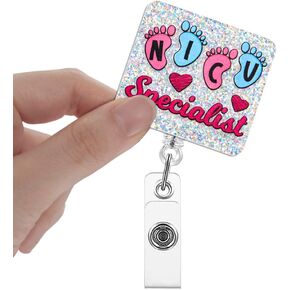 NICU Specialist Badge Reels Retractable Glitter with Clip, Funny Badge Holder Gift for NICU Nurse Preemie Premature Pediatric Neonatal Maternity Obstetrics Nurse Doctor