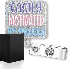 Easily Motivated by Snacks Funny Glitter Badge Reel, Retractable Badge Holder for RN CNA Night Shift Nurse Doctor Medical Healthcare Nurse, Graduation Gift for Nursing Student