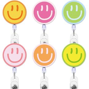6Pcs Smile Face Badge Reel with Clip Retractable Cord Boho Happy Face ID Badge Reel Name Tag Pastel Badge Holder for Office Nurse Teacher Favor