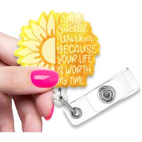 I Am A Social Worker Because Your Like is Worth My Time Funny Glitter Badge Reel, Retractable Nurse ID Office Work Card, Cute Sunflower Badge Reels for Social Worker MSW LCSW Women