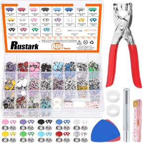 Rustark 808Pcs 10 Colors Snap Button Fastener with Pliers Tool Kit Includes 9.5mm Hollow and Solid Prong Snap Buttons, Snaps Pliers, Punching Tool, Ruler and Sewing Chalk for DIY Sewing Crafting
