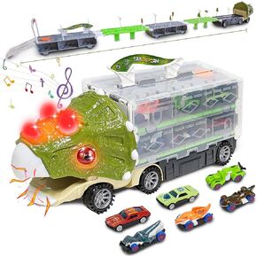 Dinosaur Toys for Kids 3-5,61 Inch Foldable Dinosaur Truck with 6 Dinosaur Cars,Dinosaur Truck Race Track with Lights & Sounds,Dinosaur Cars Set ​Birthday Gifts Toys for 3 4 5+ Year Old Boy and Girl