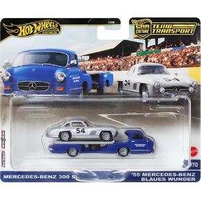 Hot Wheels Team Transport Culture Die-cast Cars, Mercedes-Benz 300 SL, MB Blaues Wunder Flatbed Truck, 1:64 Scale Model