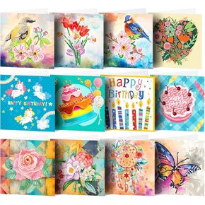 pigpigboss 12 Packs Birthday Diamond Painting Greeting Card Cake Diamond Painting Greeting Cards Kit Flower Bird Butterfly Rose Diamond Art Greeting Cards Happy Birthday Greeting Card