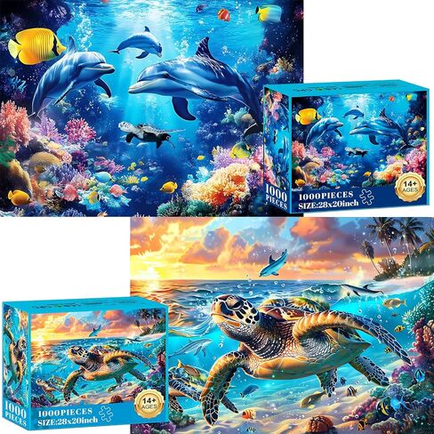 2 Pack Puzzles for Adults 1000 Pieces-Sea Turtle & Dolphins Difficult Jigsaw Puzzles for Adults,Hard Jigsaw Puzzle Decorations DIY Leisure Game Toy Suitable Family Friends(27.5x20 inches) in Kuwait