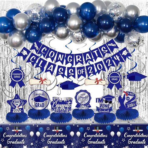 Blue Graduation Decorations Class of 2024 Graduation Party Decorations Blue Silver Graduation Balloons 2024 Congrats Grad Banner Congratulations Graduation Honeycomb Centerpiece Table Decorations in Saudi Arabia