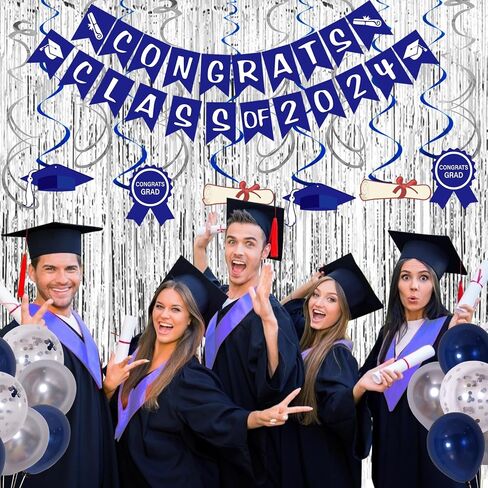 Blue Graduation Decorations Class of 2024 Graduation Party Decorations Blue Silver Graduation Balloons 2024 Congrats Grad Banner Congratulations Graduation Honeycomb Centerpiece Table Decorations in Saudi Arabia