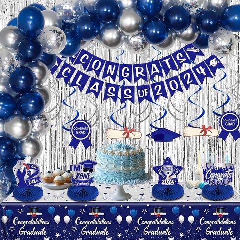 Blue Graduation Decorations Class of 2024 Graduation Party Decorations Blue Silver Graduation Balloons 2024 Congrats Grad Banner Congratulations Graduation Honeycomb Centerpiece Table Decorations in Saudi Arabia