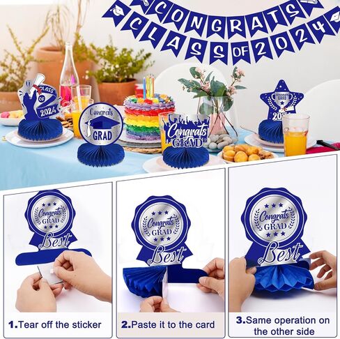 Blue Graduation Decorations Class of 2024 Graduation Party Decorations Blue Silver Graduation Balloons 2024 Congrats Grad Banner Congratulations Graduation Honeycomb Centerpiece Table Decorations in Saudi Arabia