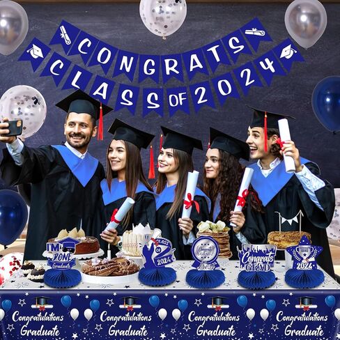 Blue Graduation Decorations Class of 2024 Graduation Party Decorations Blue Silver Graduation Balloons 2024 Congrats Grad Banner Congratulations Graduation Honeycomb Centerpiece Table Decorations in Saudi Arabia