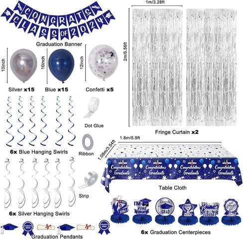 Blue Graduation Decorations Class of 2024 Graduation Party Decorations Blue Silver Graduation Balloons 2024 Congrats Grad Banner Congratulations Graduation Honeycomb Centerpiece Table Decorations in Saudi Arabia