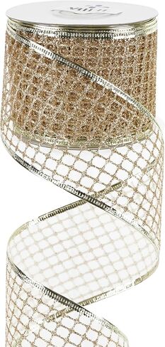 MEEDEE 2.5 Inch Champagne Netting Ribbon Sparkling Glamour Netted Ribbon Champagne Gold Glitter Ribbon by 10 Yards Roll Wired Mesh Ribbon for Christmas Tree, Wreaths, Tree Toppers, Streamers, Bow in Kuwait
