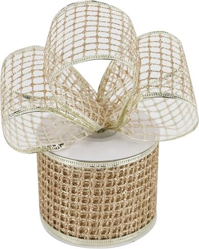 MEEDEE 2.5 Inch Champagne Netting Ribbon Sparkling Glamour Netted Ribbon Champagne Gold Glitter Ribbon by 10 Yards Roll Wired Mesh Ribbon for Christmas Tree, Wreaths, Tree Toppers, Streamers, Bow in Kuwait