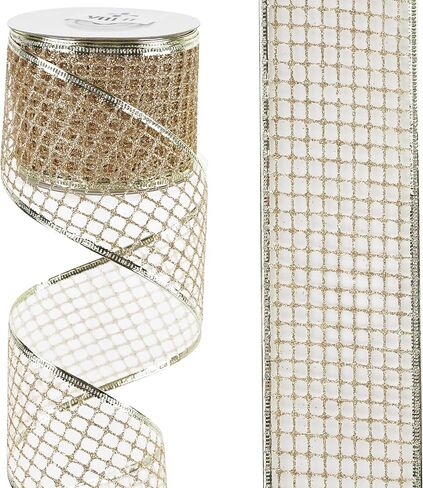 MEEDEE 2.5 Inch Champagne Netting Ribbon Sparkling Glamour Netted Ribbon Champagne Gold Glitter Ribbon by 10 Yards Roll Wired Mesh Ribbon for Christmas Tree, Wreaths, Tree Toppers, Streamers, Bow in Kuwait